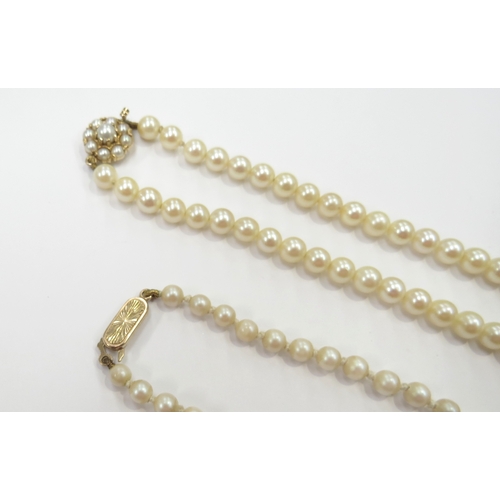 6415 - Two single strand pearl necklaces both with 9ct gold clasps, 47cm and 40cm long