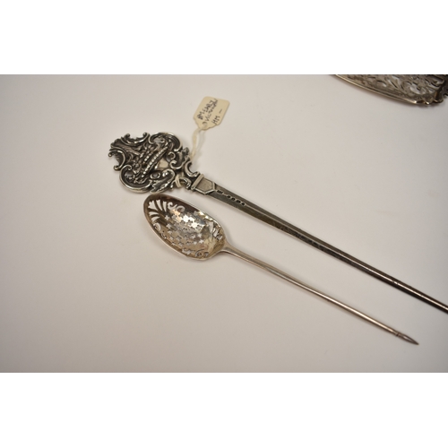 8077 - A Georgian Silver mote spoon Victorian Francis Higgins II skewer and a pierced Georgian serving knif... 