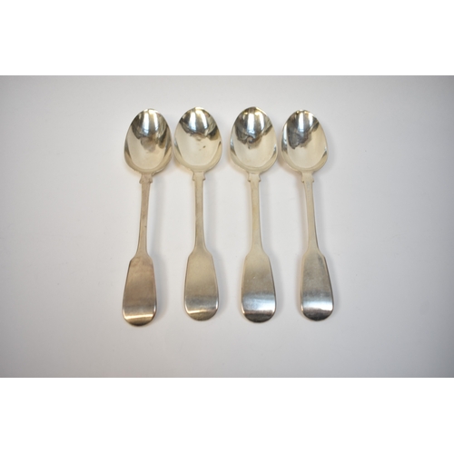 8148 - Four Victorian Chawner & Co silver fiddle pattern serving spoons, London 1851, 22cm long, 293g