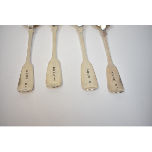 8148 - Four Victorian Chawner & Co silver fiddle pattern serving spoons, London 1851, 22cm long, 293g