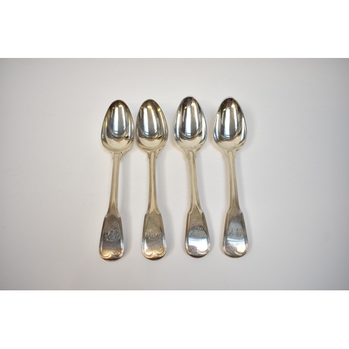 8147 - Four George III silver fiddle and thread silver serving spoons with monogram to handle, London 1799,... 