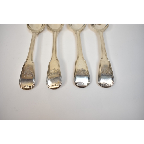 8147 - Four George III silver fiddle and thread silver serving spoons with monogram to handle, London 1799,... 