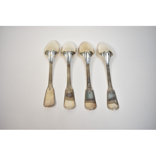 8147 - Four George III silver fiddle and thread silver serving spoons with monogram to handle, London 1799,... 