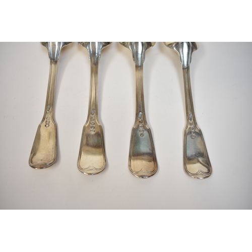 8147 - Four George III silver fiddle and thread silver serving spoons with monogram to handle, London 1799,... 