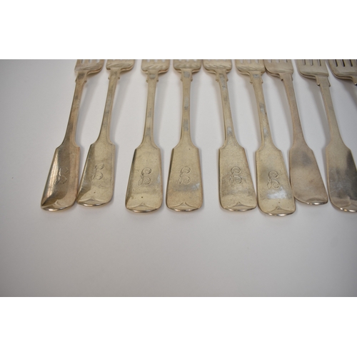 8151 - Twelve silver fiddle pattern forks, six by Josiah Williams & Co London 1902 with monogram to handle,... 