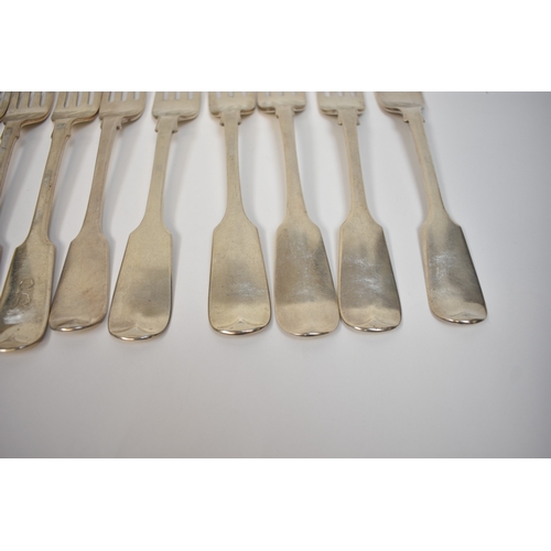 8151 - Twelve silver fiddle pattern forks, six by Josiah Williams & Co London 1902 with monogram to handle,... 