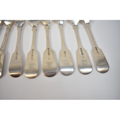 8151 - Twelve silver fiddle pattern forks, six by Josiah Williams & Co London 1902 with monogram to handle,... 