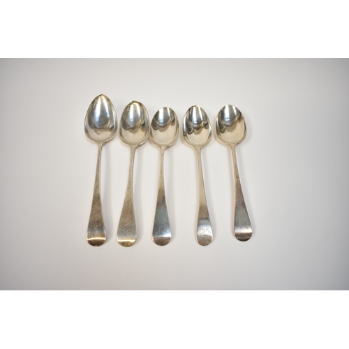 8143 - Five silver serving spoons including Georgian, Victorian and two with undecipherable marks. All with... 