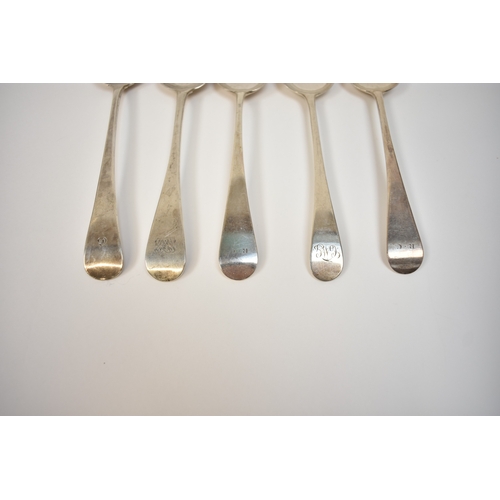 8143 - Five silver serving spoons including Georgian, Victorian and two with undecipherable marks. All with... 