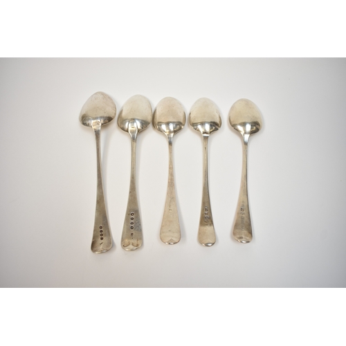 8143 - Five silver serving spoons including Georgian, Victorian and two with undecipherable marks. All with... 