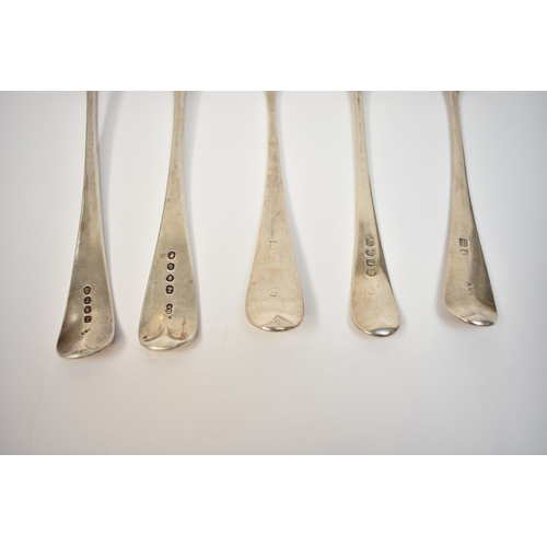 8143 - Five silver serving spoons including Georgian, Victorian and two with undecipherable marks. All with... 