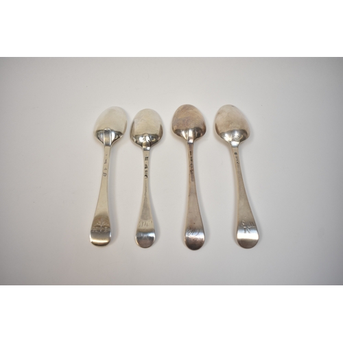 8153 - Four 18th Century London silver spoons including Ebenezer Coker, Starling Wilford all with initialle... 