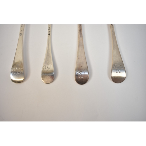 8153 - Four 18th Century London silver spoons including Ebenezer Coker, Starling Wilford all with initialle... 