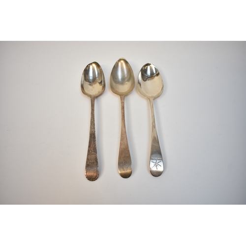 8144 - Three George III silver serving spoons, London 1782, 1788, 1790 all with crested handles, 180g