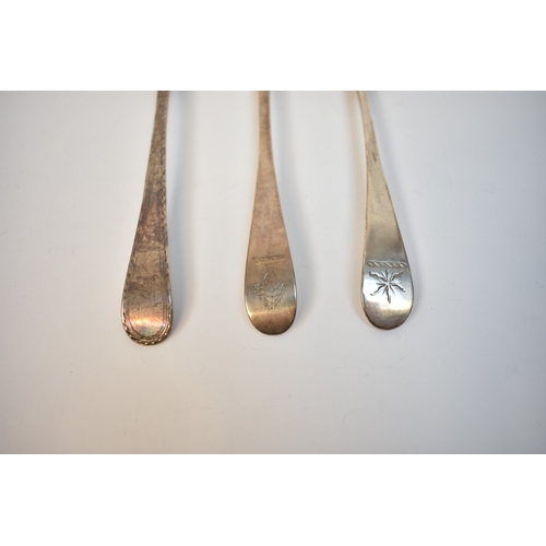 8144 - Three George III silver serving spoons, London 1782, 1788, 1790 all with crested handles, 180g