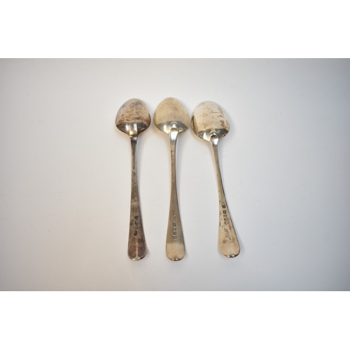 8144 - Three George III silver serving spoons, London 1782, 1788, 1790 all with crested handles, 180g