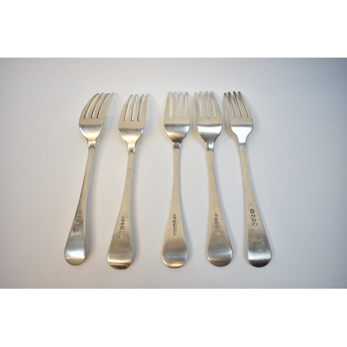 8108 - Five Silver forks, four with Dragon crest and moto 'Dum vivo spero' by Edwin Sweet, Exeter 1855, 20c... 