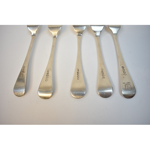 8108 - Five Silver forks, four with Dragon crest and moto 'Dum vivo spero' by Edwin Sweet, Exeter 1855, 20c... 