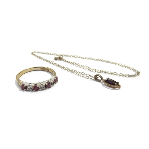 6354 - A 9ct gold ruby and diamond chip half hoop ring, size O and a garnet pendant hung on 9ct gold chain,... 