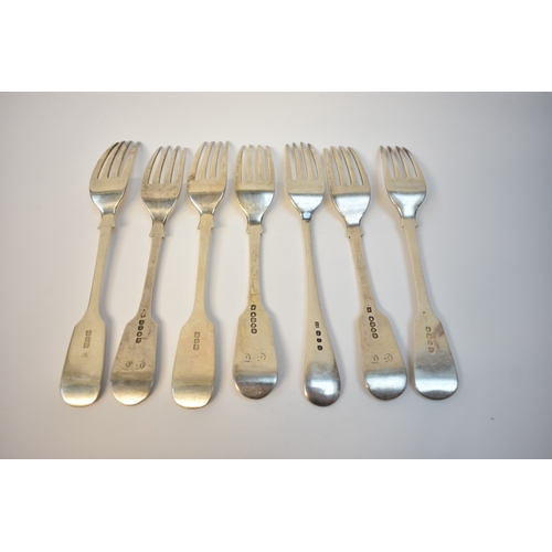 8122 - Seven silver forks all with monogram to handles various makers and dates, mostly London Hallmarked, ... 