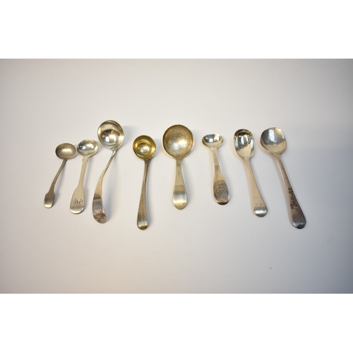 8129 - Eight Silver condiment spoons and ladles including mustard, mostly 19th Century, 93g