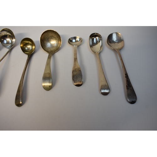 8129 - Eight Silver condiment spoons and ladles including mustard, mostly 19th Century, 93g