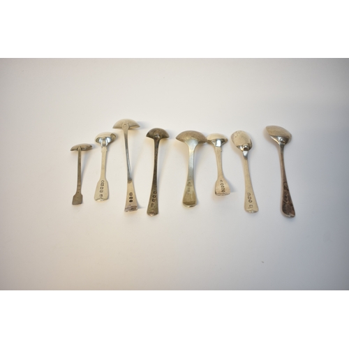 8129 - Eight Silver condiment spoons and ladles including mustard, mostly 19th Century, 93g