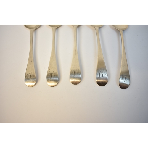 8124 - Five Peter, Ann and William Bateman silver teaspoons with monogram to handle, London 1804, 85g