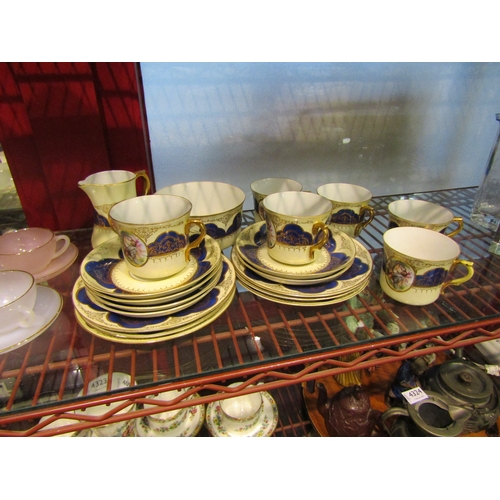 4320 - A set of six Arcopal Paris coloured glass teacups and saucers and an RKG Czech part tea set, one cup... 