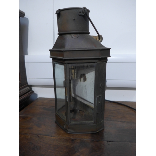 8491 - A Vintage copper wall lantern with modern electrics to interior, 41cm tall x 21.5cm wide