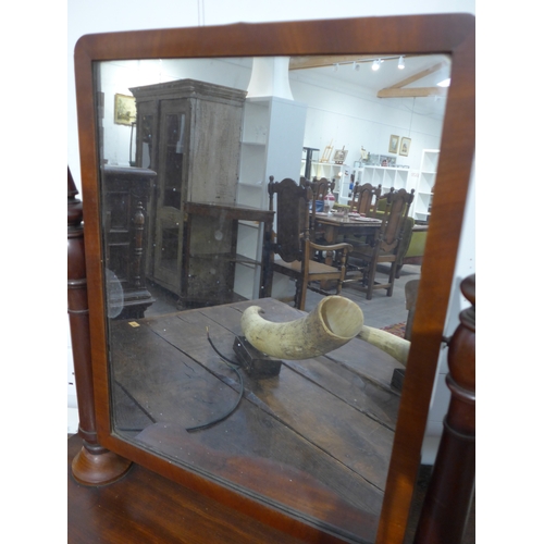 8492 - A 19th Century mahogany table top mirror with turned column finial supports, shaped base some veneer... 