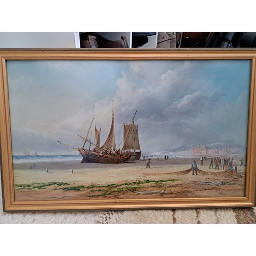 1063 - A framed and glazed oil on paper, figures gathering in the catch from two sailing boats, signed J. W... 