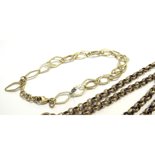 6388 - A 9ct gold belcher chain, 77cm long, 28.2g and a bracelet, clasp stamped 750, 4.4g (wired where brok... 