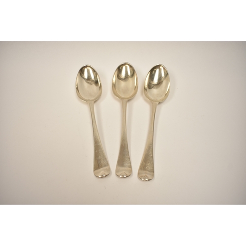 8130 - Three London George III silver Hanoverian extended drop spoons, all with same monogram to the handle... 