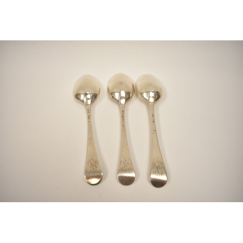 8130 - Three London George III silver Hanoverian extended drop spoons, all with same monogram to the handle... 