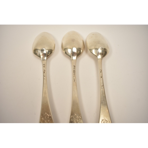 8130 - Three London George III silver Hanoverian extended drop spoons, all with same monogram to the handle... 