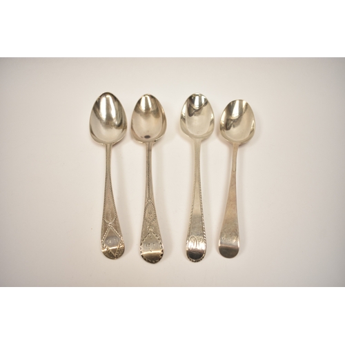 8133 - Four George III London silver Old English pattern spoons, three with bright cut detail, the other wi... 