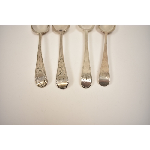 8133 - Four George III London silver Old English pattern spoons, three with bright cut detail, the other wi... 