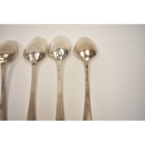 8133 - Four George III London silver Old English pattern spoons, three with bright cut detail, the other wi... 