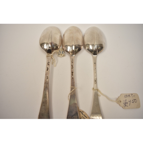 8132 - Three London Hanoverian rat-tail spoons including Queen Anne, George I 1719 and George II 1728 examp... 