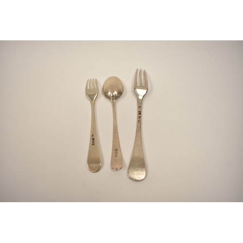 8135 - A child's George III silver spoon and fork, London 1781 and 1784 and an earlier fork by Richard Scar... 