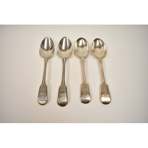 8138 - Two pairs of silver fiddle pattern spoons including Josiah Williams & Co London 1902 and W E, London... 