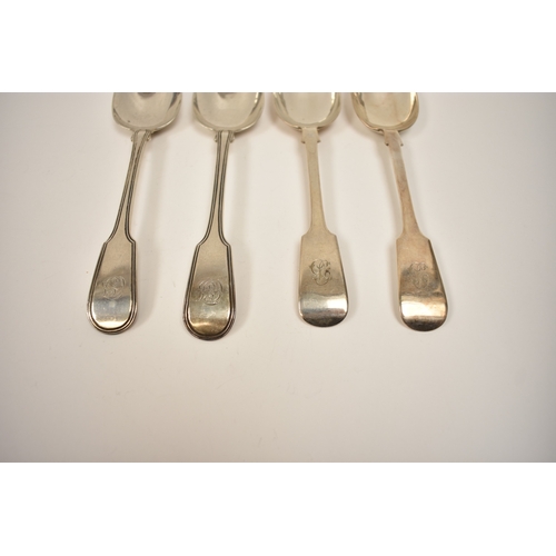 8138 - Two pairs of silver fiddle pattern spoons including Josiah Williams & Co London 1902 and W E, London... 