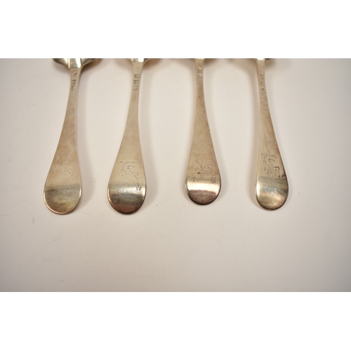 8140 - Four George III silver Hanoverian serving spoons, makers mark W.W London 1764, some marks rubbed, li... 