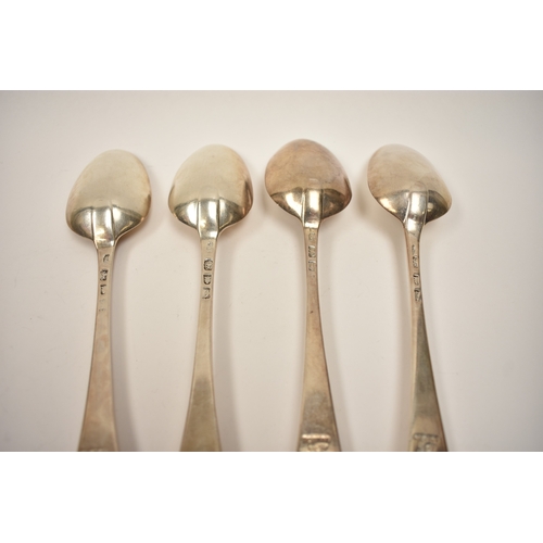 8140 - Four George III silver Hanoverian serving spoons, makers mark W.W London 1764, some marks rubbed, li... 