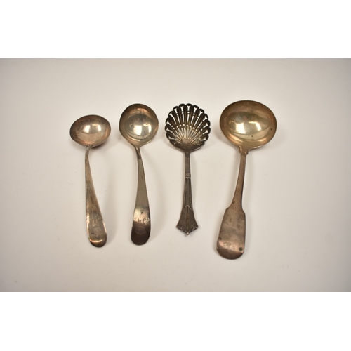 8141 - Three silver ladles including Solomon Hougham, London 1810 and a Victorian sifting spoon by Harrison... 