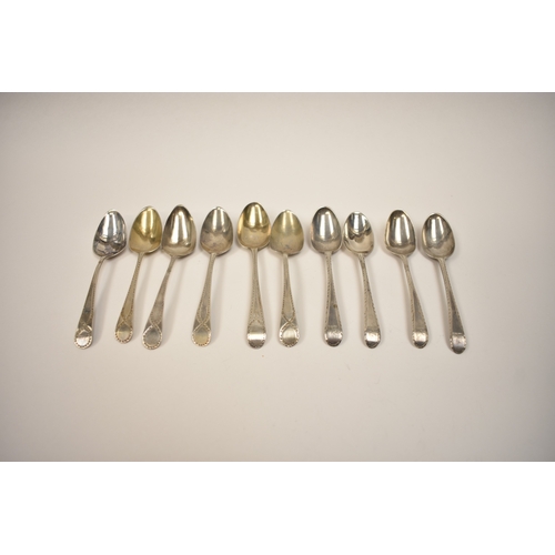 8142 - Ten silver teaspoons all with bright cut detail, including five by Thomas Evans, London 1784, 116g