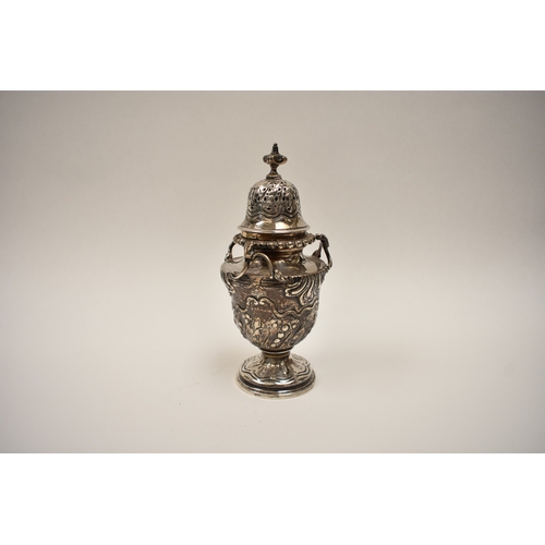 8103 - A William Comyns & Sons silver sugar castor of highly ornate form, London 1896, 19cm tall, 351g