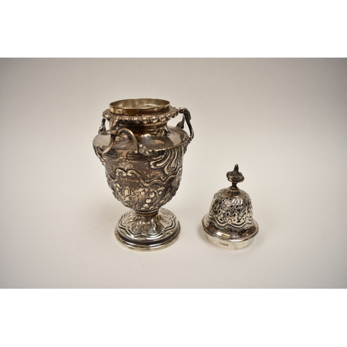 8103 - A William Comyns & Sons silver sugar castor of highly ornate form, London 1896, 19cm tall, 351g