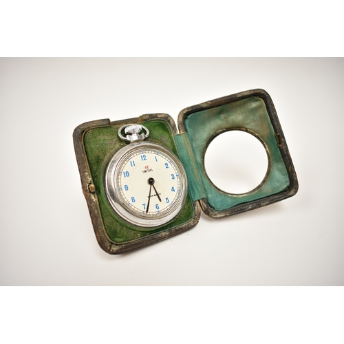 8090 - A silver pocket watch holder with Smiths pocket watch to interior marks rubbed, 8cm tall x 6.5cm wid... 